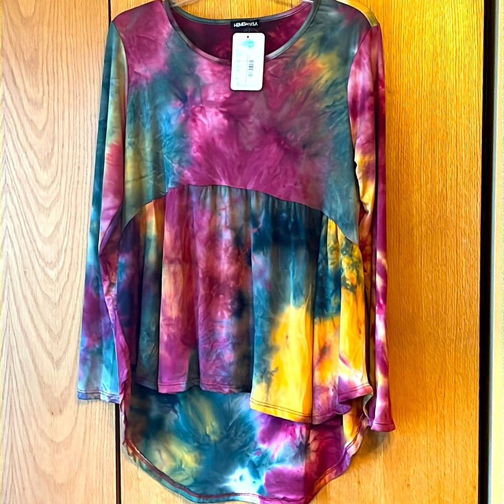 Heimish USA M tie dye gold green purple MED Beautiful Storm Top Shirt Tunic NWT